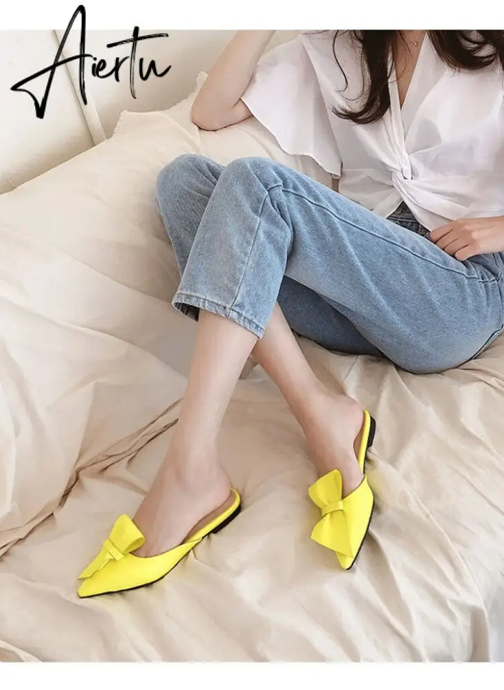 Aiertu  Pointed flat bow slippers women summer wear Baotou half slippers new fashion lazy sandals women's shoes Aiertu