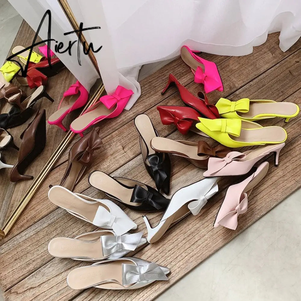 Aiertu  Pointed flat bow slippers women summer wear Baotou half slippers new fashion lazy sandals women's shoes Aiertu