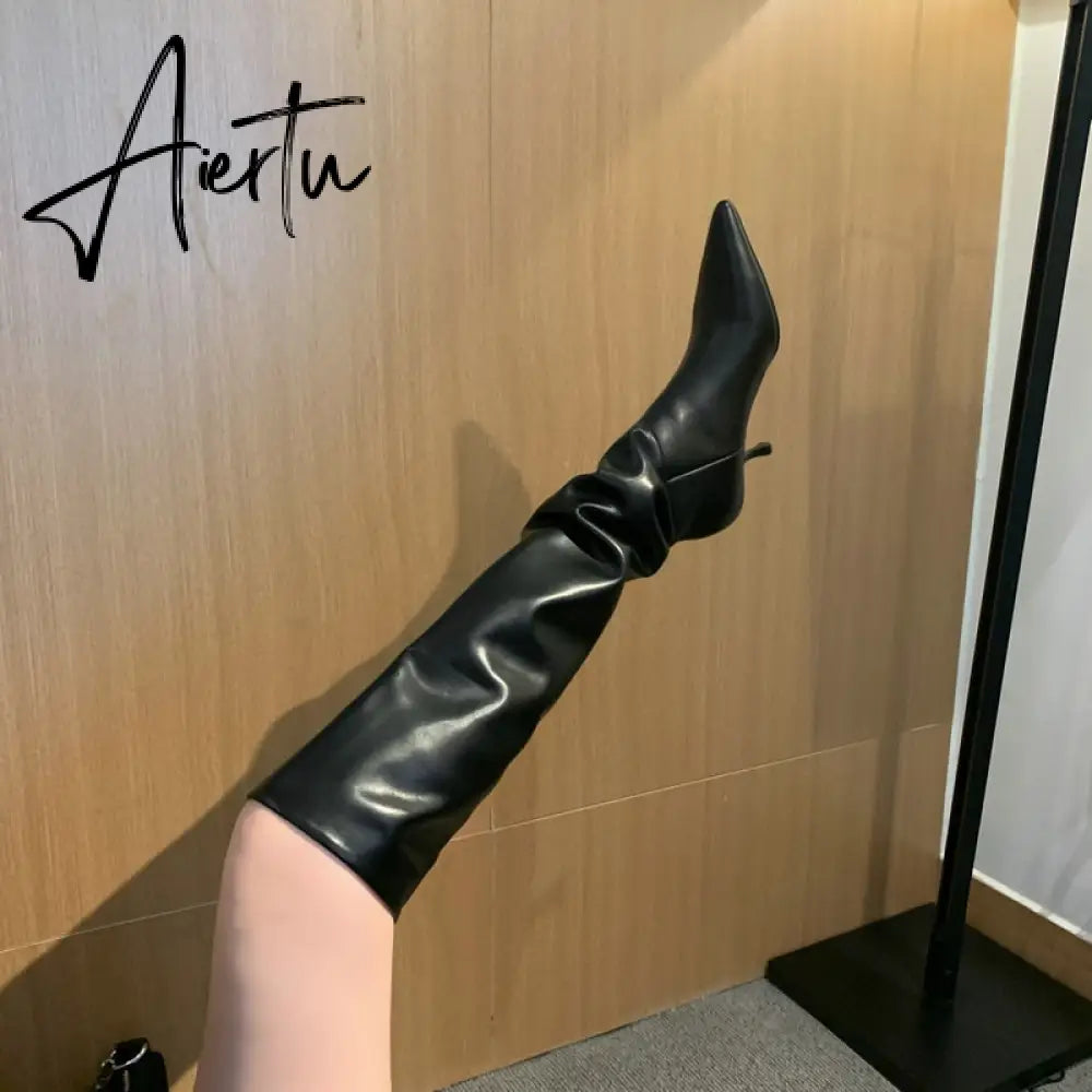 Aiertu Pointed Toe Faux Leather Over the Knee Boots WOmen Fashion Black Beige Daily Flods Knee Boots Woman Plus Size 43 Winer Shoes Aiertu