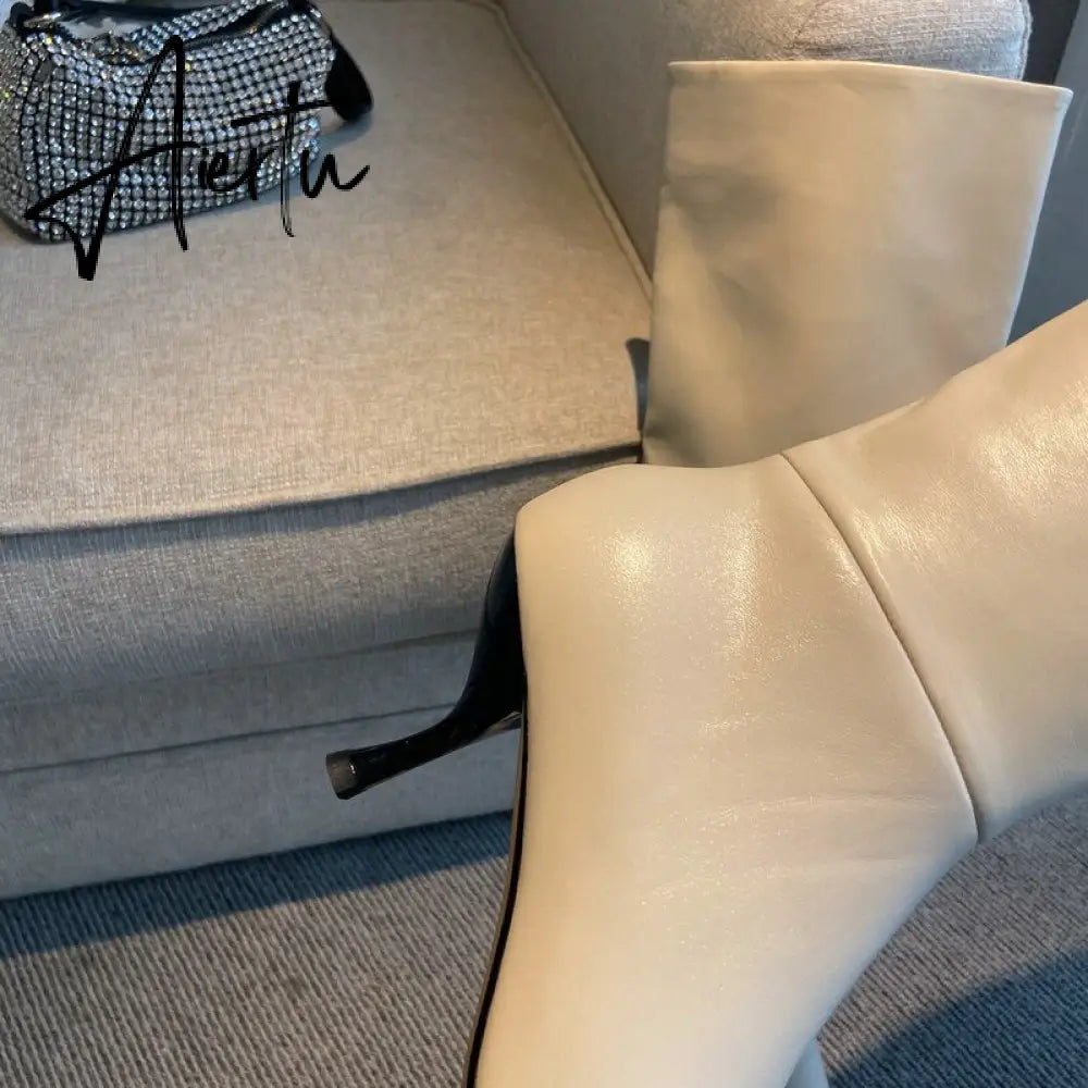 Aiertu Pointed Toe Faux Leather Over the Knee Boots WOmen Fashion Black Beige Daily Flods Knee Boots Woman Plus Size 43 Winer Shoes Aiertu
