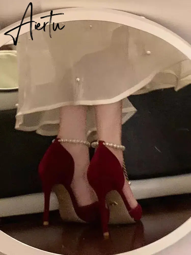 Aiertu Pointed Toe Fine High Heel Women's Shoes Metal Buckle Strap Sexy Women's Shoes Wedding Shoes Bridal Bridesmaid Shoes Red Heels Aiertu