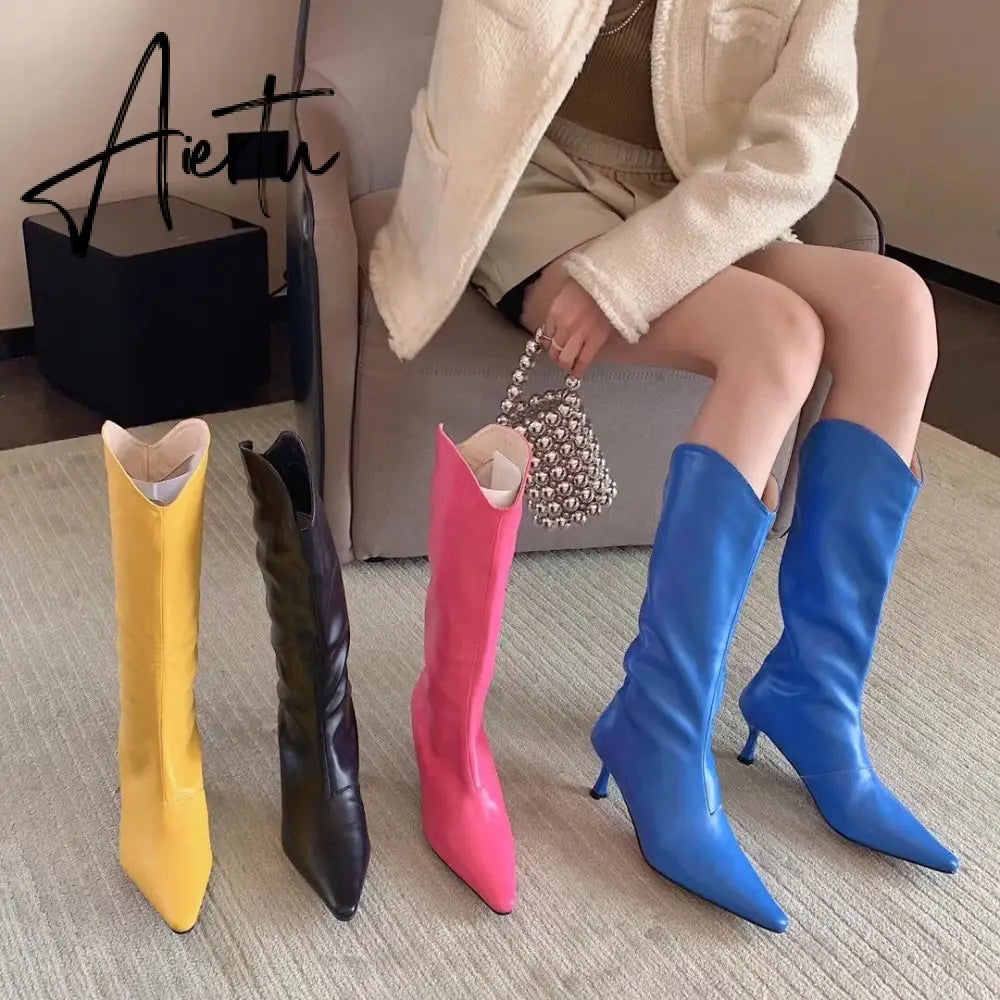 Aiertu Pointed Toe Women Chelsea Booties Thin High Heels Shoes Yellow/Blue/Black/Pink Knee High Boots Knight Booties Slip On Booties Aiertu