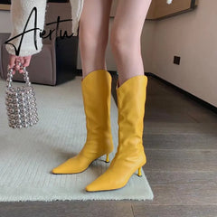 Aiertu Pointed Toe Women Chelsea Booties Thin High Heels Shoes Yellow/Blue/Black/Pink Knee High Boots Knight Booties Slip On Booties Aiertu