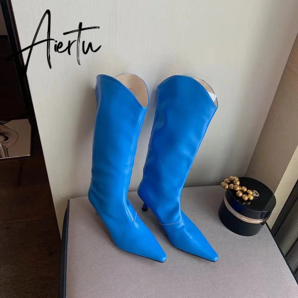Aiertu Pointed Toe Women Chelsea Booties Thin High Heels Shoes Yellow/Blue/Black/Pink Knee High Boots Knight Booties Slip On Booties Aiertu