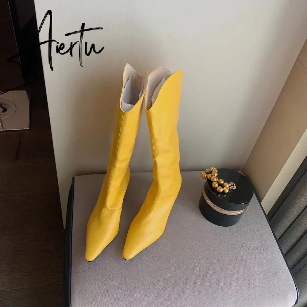 Aiertu Pointed Toe Women Chelsea Booties Thin High Heels Shoes Yellow/Blue/Black/Pink Knee High Boots Knight Booties Slip On Booties Aiertu