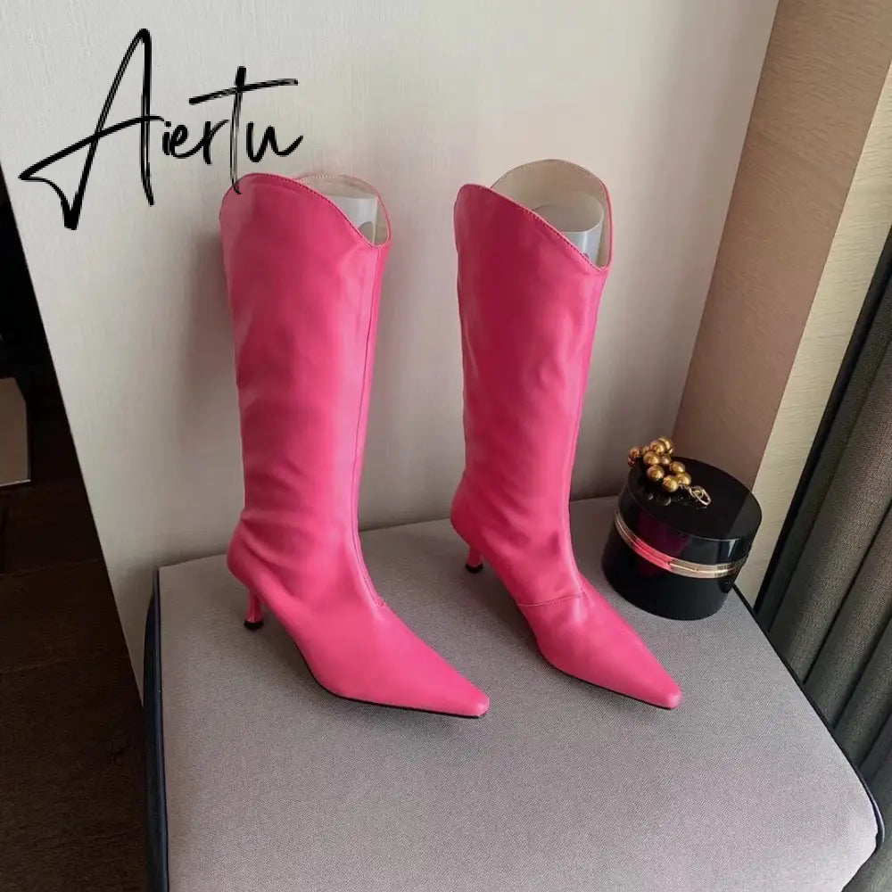 Aiertu Pointed Toe Women Chelsea Booties Thin High Heels Shoes Yellow/Blue/Black/Pink Knee High Boots Knight Booties Slip On Booties Aiertu