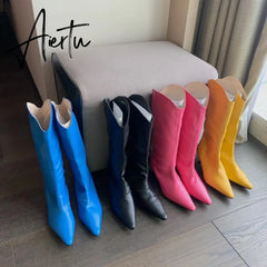 Aiertu Pointed Toe Women Chelsea Booties Thin High Heels Shoes Yellow/Blue/Black/Pink Knee High Boots Knight Booties Slip On Booties Aiertu