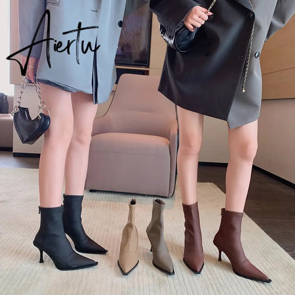 Aiertu Pointed Toe Women Stretch Booties Sock Boots Black Brown Khaki Gray Shoes Thin High Heels Back Zipper Fashion Party Pumps Dress Aiertu