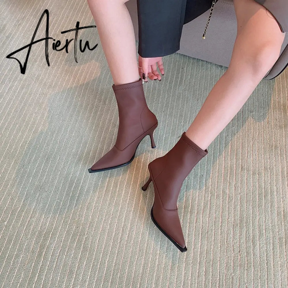 Aiertu Pointed Toe Women Stretch Booties Sock Boots Black Brown Khaki Gray Shoes Thin High Heels Back Zipper Fashion Party Pumps Dress Aiertu