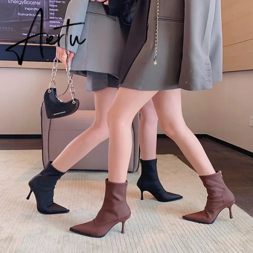 Aiertu Pointed Toe Women Stretch Booties Sock Boots Black Brown Khaki Gray Shoes Thin High Heels Back Zipper Fashion Party Pumps Dress Aiertu