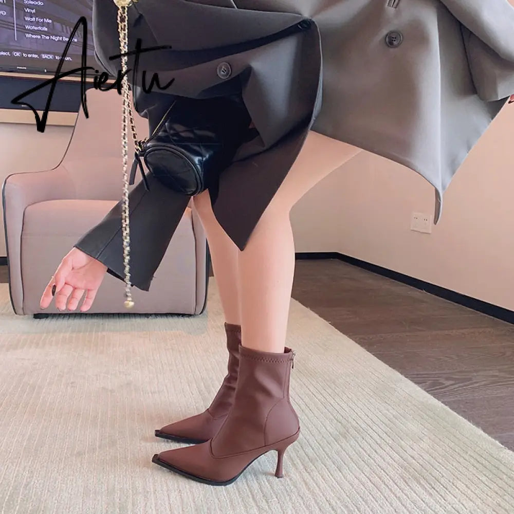 Aiertu Pointed Toe Women Stretch Booties Sock Boots Black Brown Khaki Gray Shoes Thin High Heels Back Zipper Fashion Party Pumps Dress Aiertu