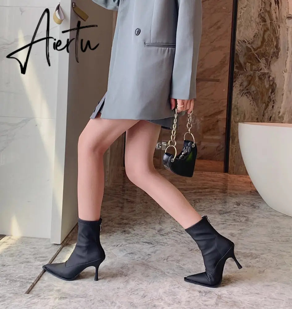 Aiertu Pointed Toe Women Stretch Booties Sock Boots Black Brown Khaki Gray Shoes Thin High Heels Back Zipper Fashion Party Pumps Dress Aiertu