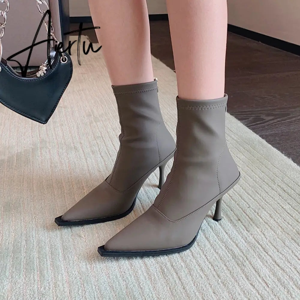 Aiertu Pointed Toe Women Stretch Booties Sock Boots Black Brown Khaki Gray Shoes Thin High Heels Back Zipper Fashion Party Pumps Dress Aiertu