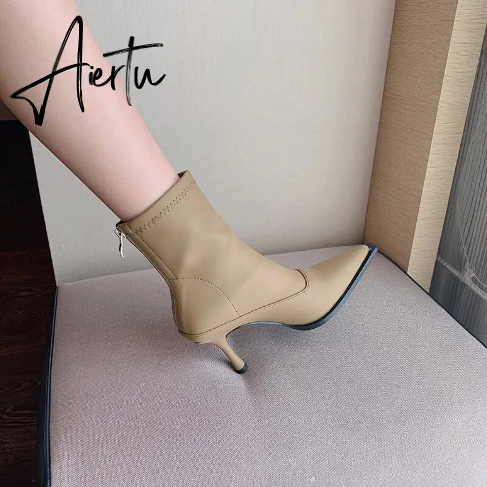 Aiertu Pointed Toe Women Stretch Booties Sock Boots Black Brown Khaki Gray Shoes Thin High Heels Back Zipper Fashion Party Pumps Dress Aiertu