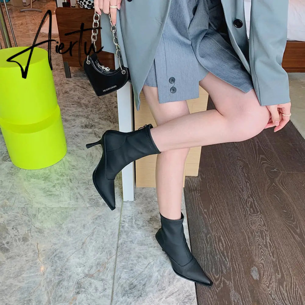 Aiertu Pointed Toe Women Stretch Booties Sock Boots Black Brown Khaki Gray Shoes Thin High Heels Back Zipper Fashion Party Pumps Dress Aiertu