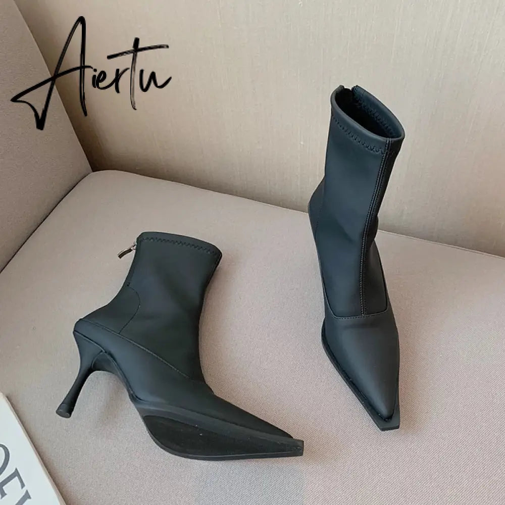 Aiertu Pointed Toe Women Stretch Booties Sock Boots Black Brown Khaki Gray Shoes Thin High Heels Back Zipper Fashion Party Pumps Dress Aiertu