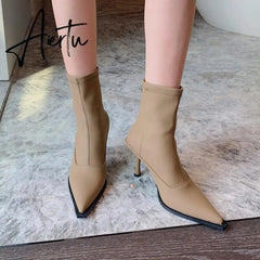 Aiertu Pointed Toe Women Stretch Booties Sock Boots Black Brown Khaki Gray Shoes Thin High Heels Back Zipper Fashion Party Pumps Dress Aiertu