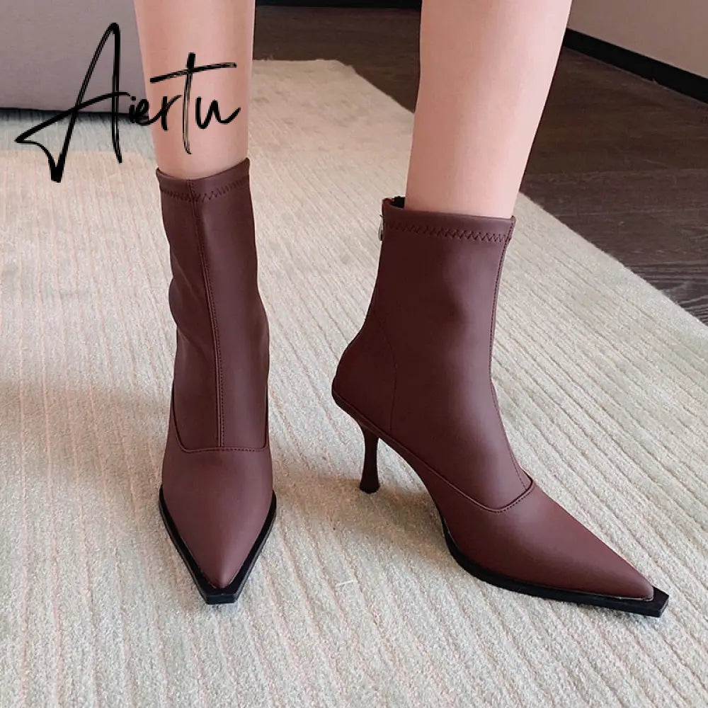 Aiertu Pointed Toe Women Stretch Booties Sock Boots Black Brown Khaki Gray Shoes Thin High Heels Back Zipper Fashion Party Pumps Dress Aiertu