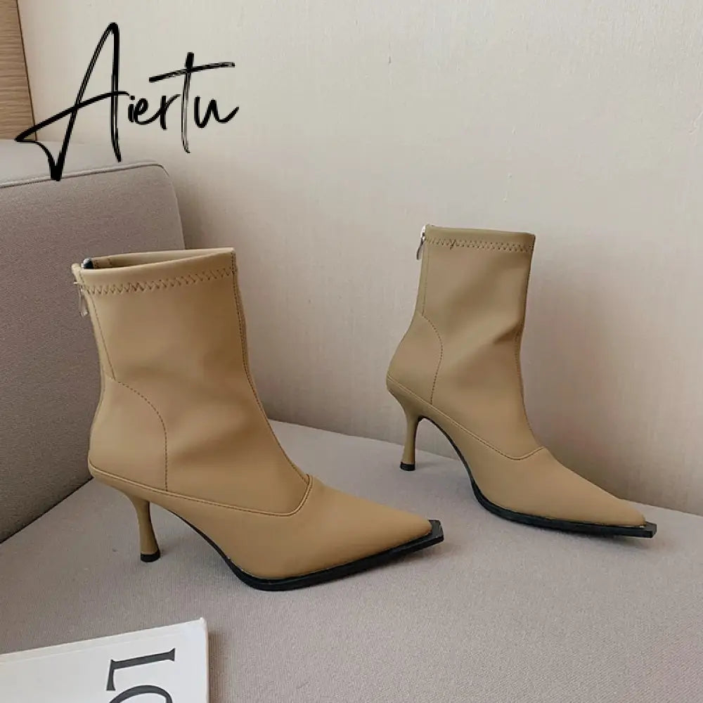 Aiertu Pointed Toe Women Stretch Booties Sock Boots Black Brown Khaki Gray Shoes Thin High Heels Back Zipper Fashion Party Pumps Dress Aiertu