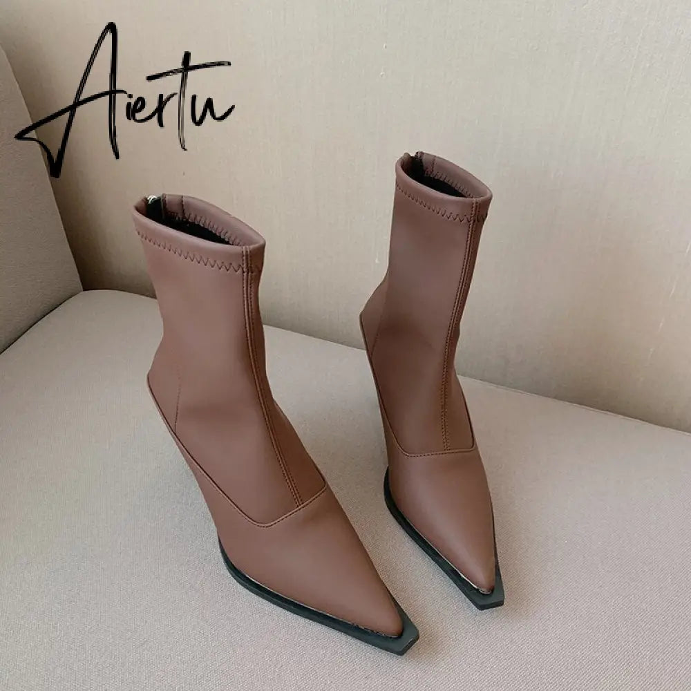 Aiertu Pointed Toe Women Stretch Booties Sock Boots Black Brown Khaki Gray Shoes Thin High Heels Back Zipper Fashion Party Pumps Dress Aiertu
