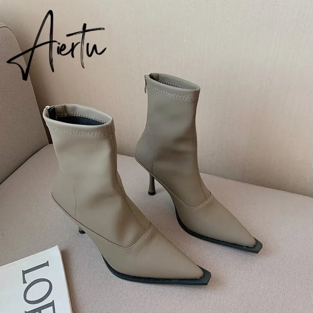 Aiertu Pointed Toe Women Stretch Booties Sock Boots Black Brown Khaki Gray Shoes Thin High Heels Back Zipper Fashion Party Pumps Dress Aiertu