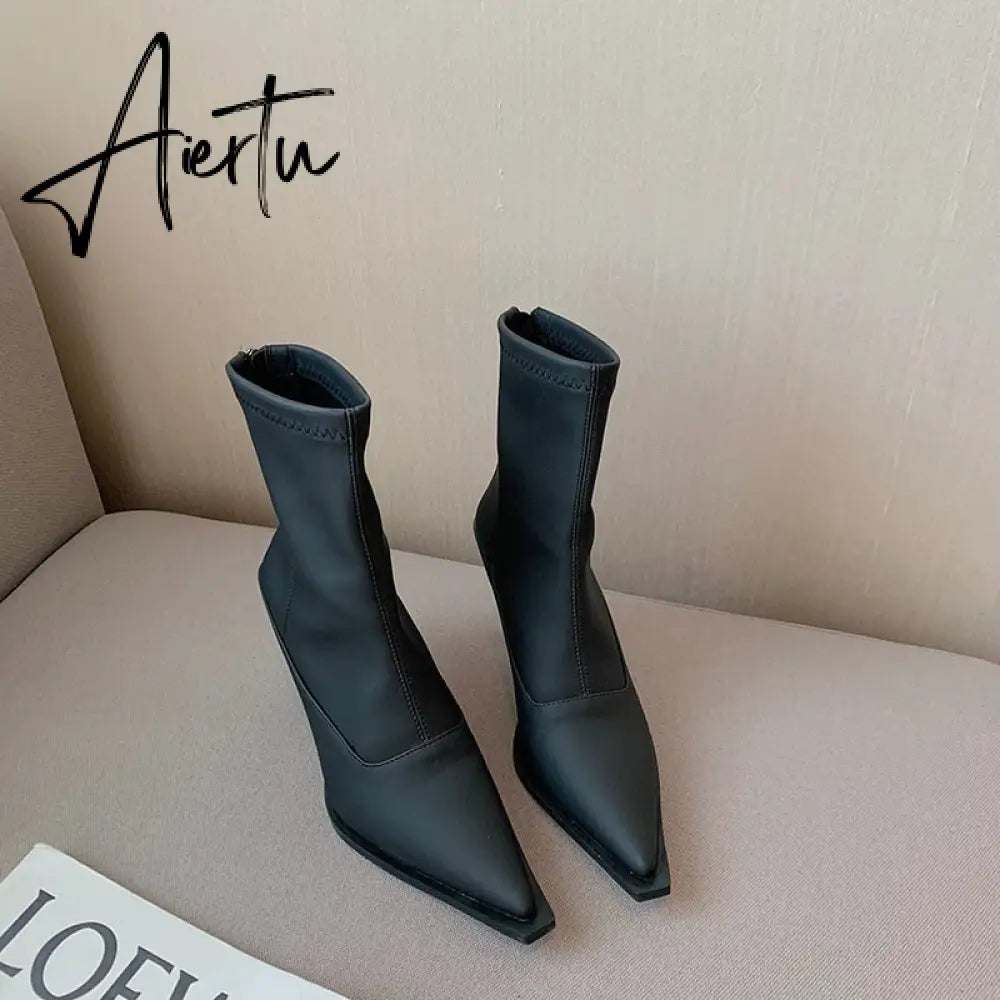 Aiertu Pointed Toe Women Stretch Booties Sock Boots Black Brown Khaki Gray Shoes Thin High Heels Back Zipper Fashion Party Pumps Dress Aiertu