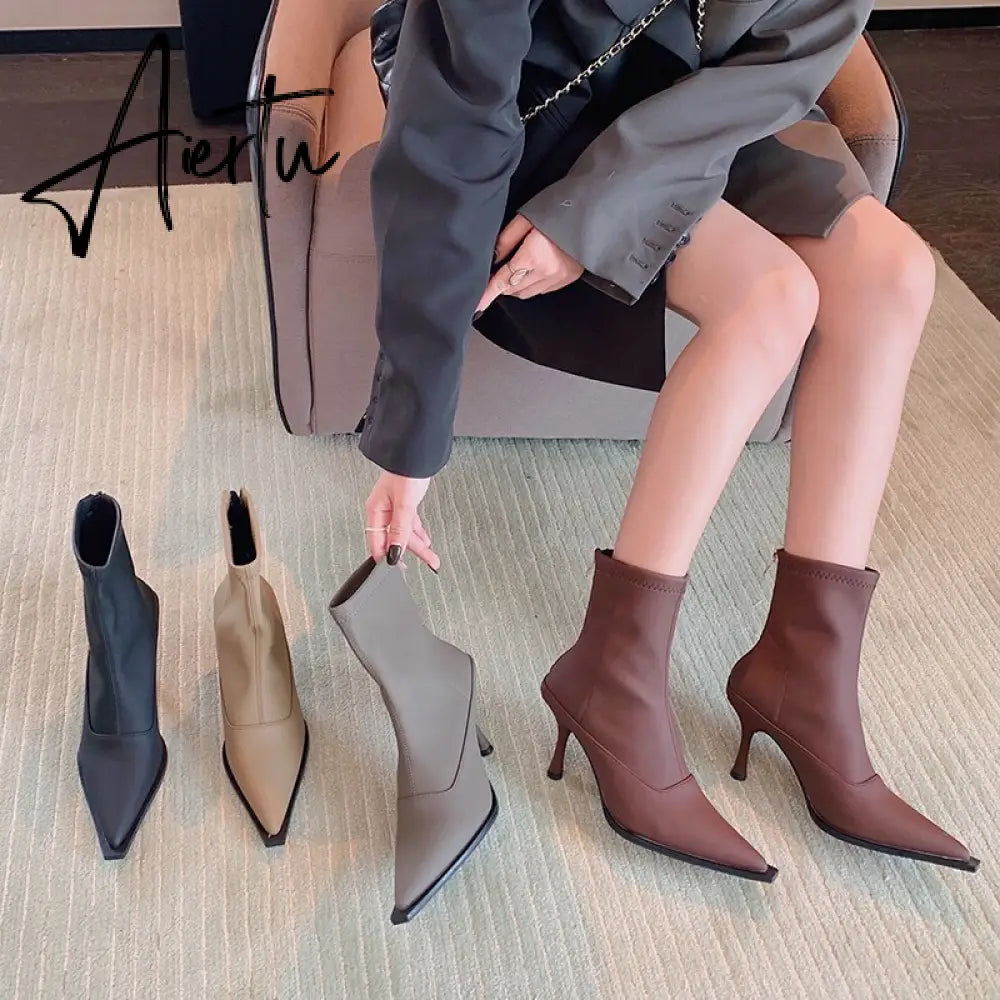 Aiertu Pointed Toe Women Stretch Booties Sock Boots Black Brown Khaki Gray Shoes Thin High Heels Back Zipper Fashion Party Pumps Dress Aiertu