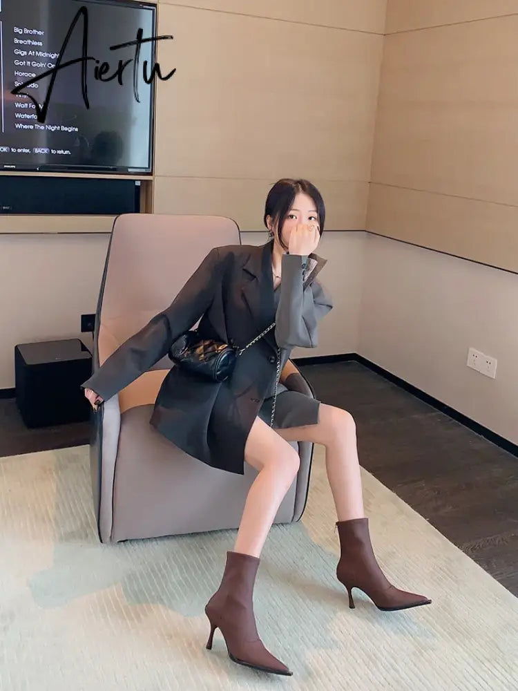 Aiertu Pointed Toe Women Stretch Booties Sock Boots Black Brown Khaki Gray Shoes Thin High Heels Back Zipper Fashion Party Pumps Dress Aiertu
