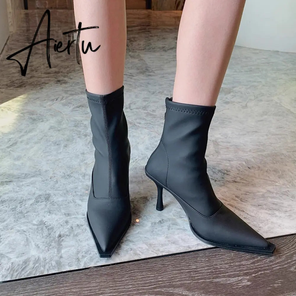 Aiertu Pointed Toe Women Stretch Booties Sock Boots Black Brown Khaki Gray Shoes Thin High Heels Back Zipper Fashion Party Pumps Dress Aiertu