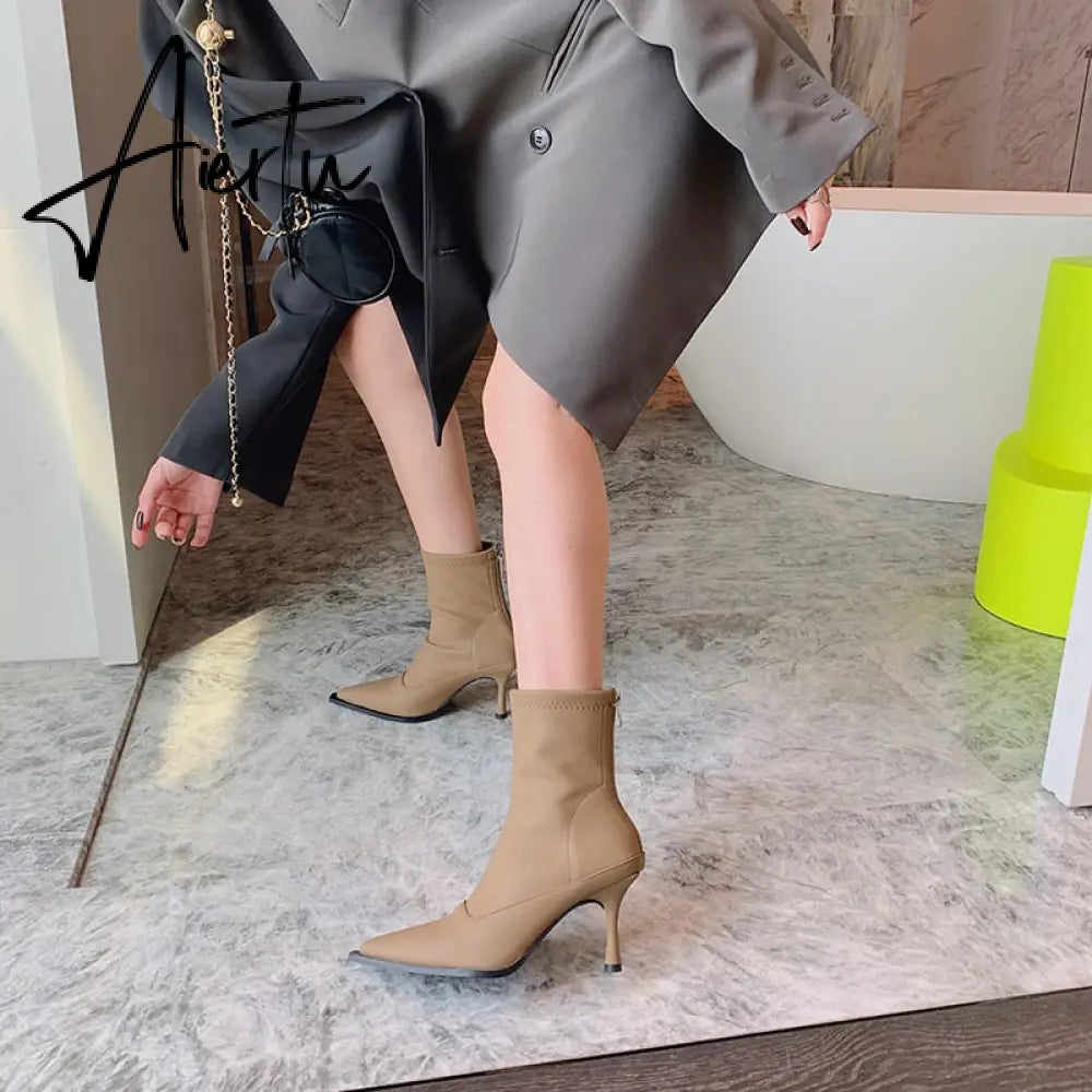 Aiertu Pointed Toe Women Stretch Booties Sock Boots Black Brown Khaki Gray Shoes Thin High Heels Back Zipper Fashion Party Pumps Dress Aiertu