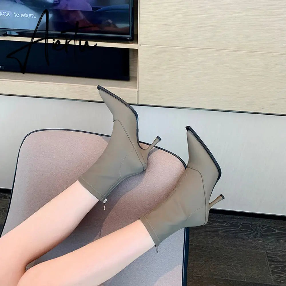 Aiertu Pointed Toe Women Stretch Booties Sock Boots Black Brown Khaki Gray Shoes Thin High Heels Back Zipper Fashion Party Pumps Dress Aiertu