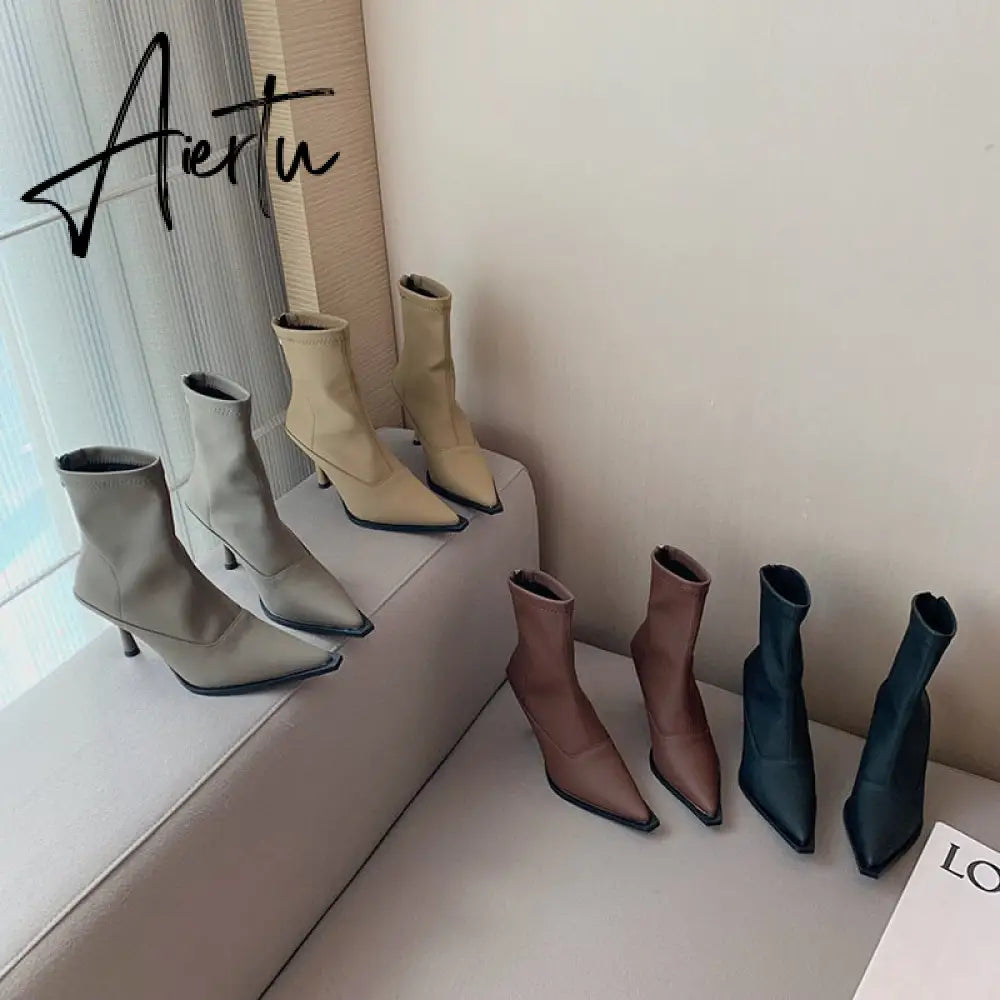 Aiertu Pointed Toe Women Stretch Booties Sock Boots Black Brown Khaki Gray Shoes Thin High Heels Back Zipper Fashion Party Pumps Dress Aiertu
