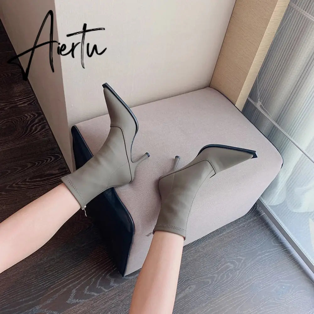 Aiertu Pointed Toe Women Stretch Booties Sock Boots Black Brown Khaki Gray Shoes Thin High Heels Back Zipper Fashion Party Pumps Dress Aiertu
