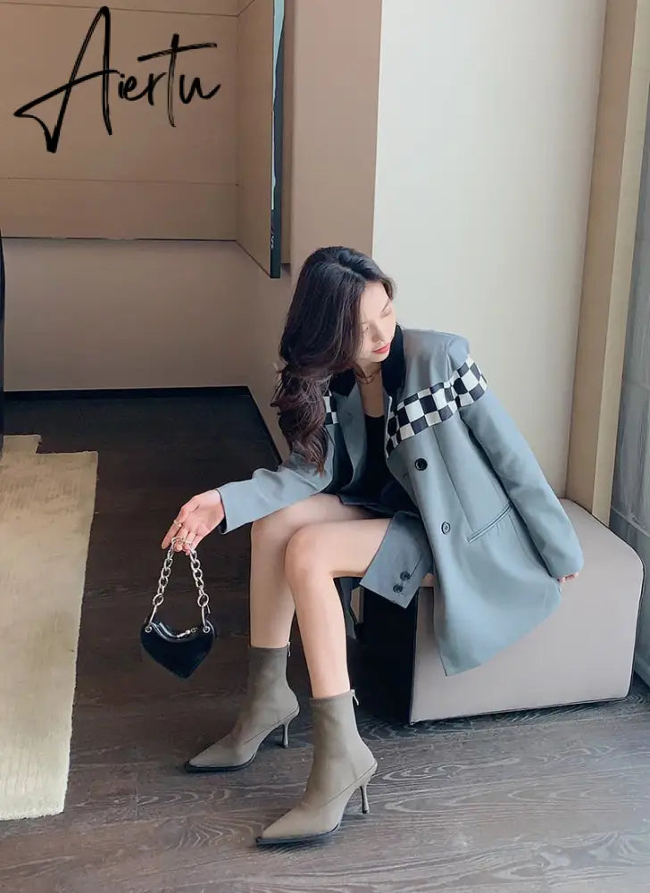 Aiertu Pointed Toe Women Stretch Booties Sock Boots Black Brown Khaki Gray Shoes Thin High Heels Back Zipper Fashion Party Pumps Dress Aiertu