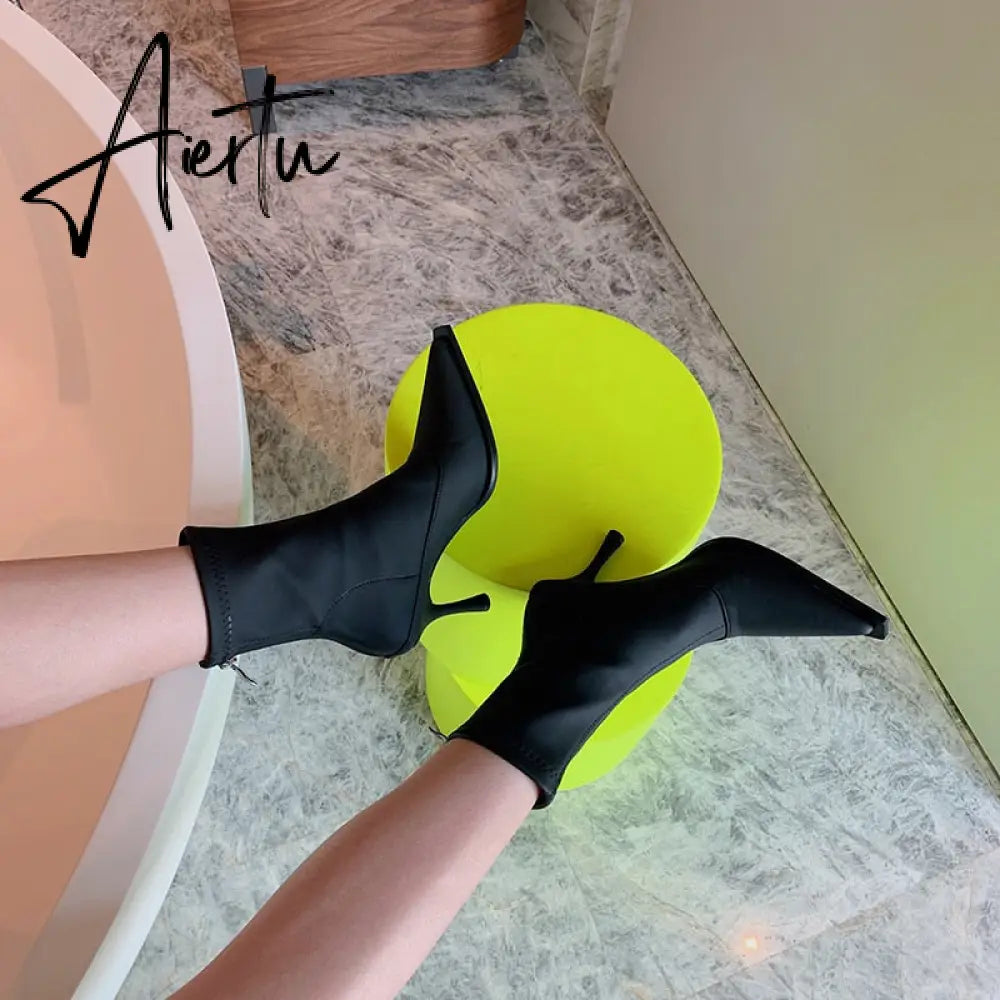 Aiertu Pointed Toe Women Stretch Booties Sock Boots Black Brown Khaki Gray Shoes Thin High Heels Back Zipper Fashion Party Pumps Dress Aiertu