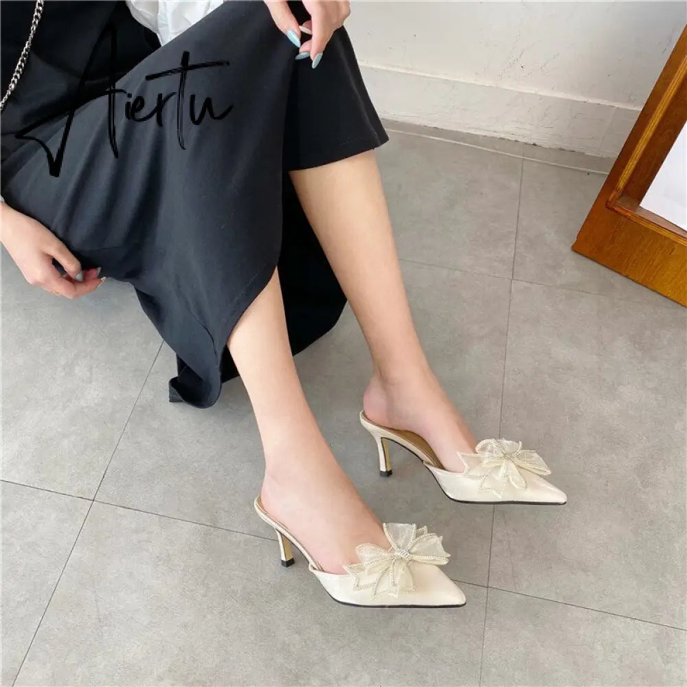 Aiertu Pointy Water Drill Fine Heel Women's Slippers Bun Bow High Heel Muller Shoe Girl Aiertu