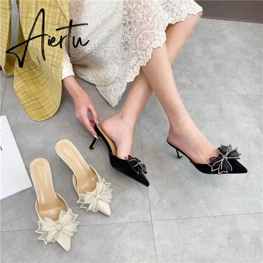 Aiertu Pointy Water Drill Fine Heel Women's Slippers Bun Bow High Heel Muller Shoe Girl Aiertu