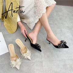 Aiertu Pointy Water Drill Fine Heel Women's Slippers Bun Bow High Heel Muller Shoe Girl Aiertu