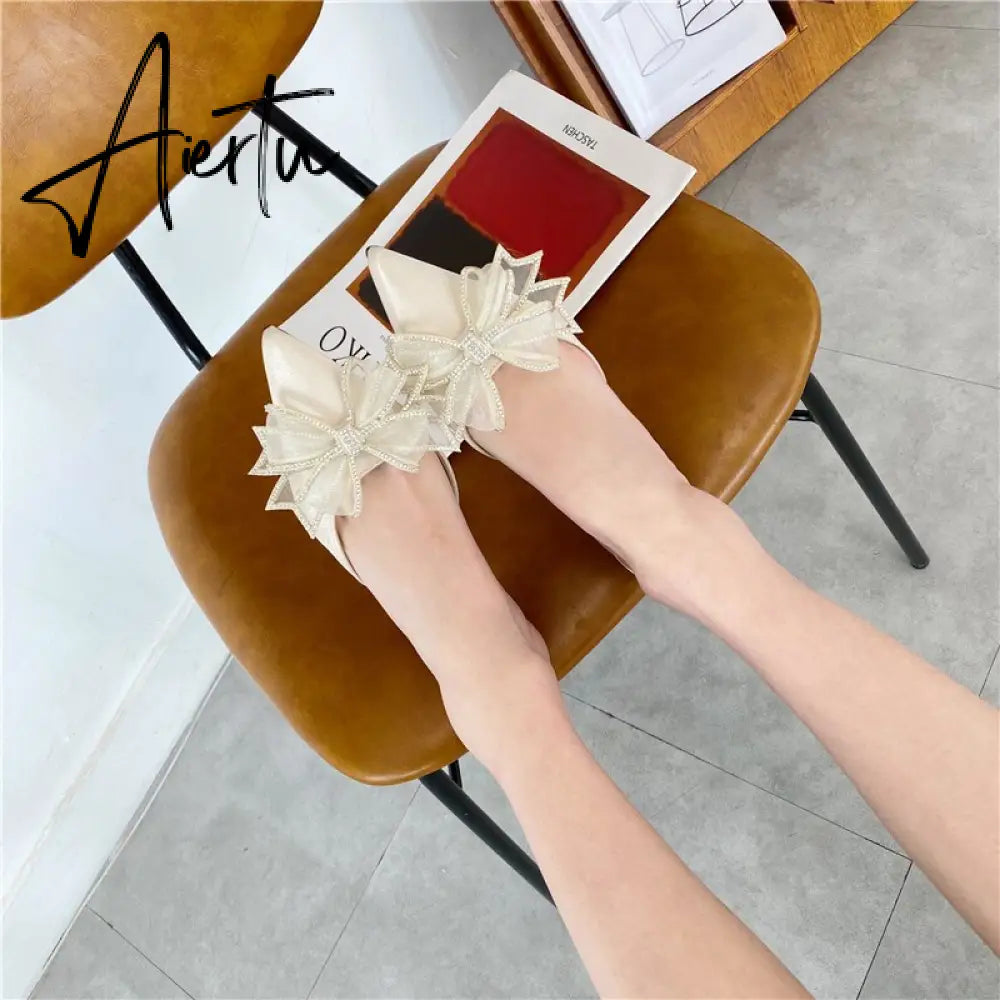 Aiertu Pointy Water Drill Fine Heel Women's Slippers Bun Bow High Heel Muller Shoe Girl Aiertu