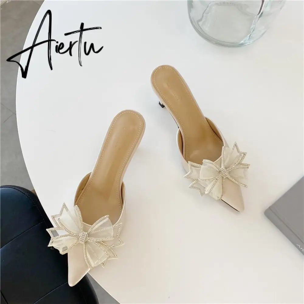 Aiertu Pointy Water Drill Fine Heel Women's Slippers Bun Bow High Heel Muller Shoe Girl Aiertu