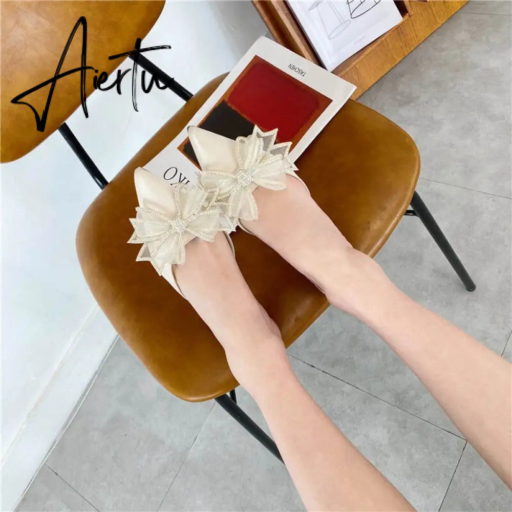 Aiertu Pointy Water Drill Fine Heel Women's Slippers Bun Bow High Heel Muller Shoe Girl Aiertu