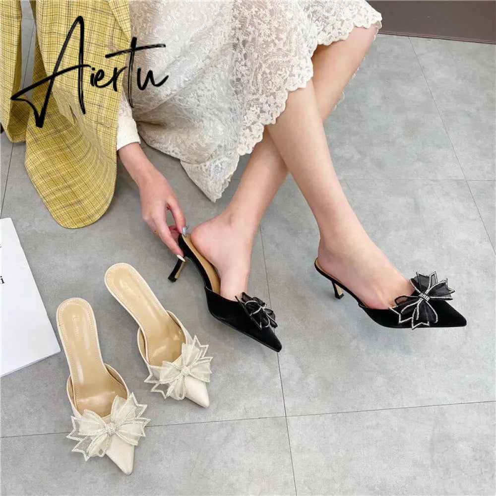 Aiertu Pointy Water Drill Fine Heel Women's Slippers Bun Bow High Heel Muller Shoe Girl Aiertu