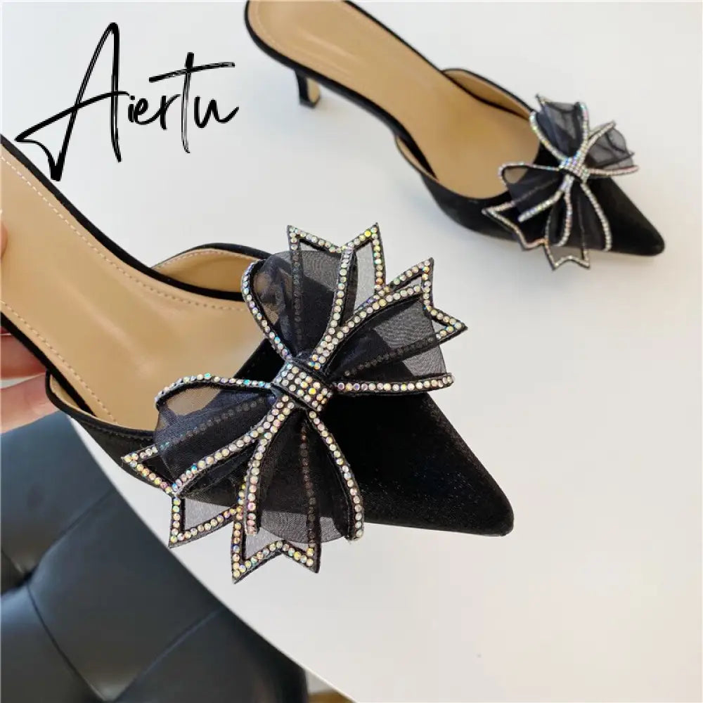 Aiertu Pointy Water Drill Fine Heel Women's Slippers Bun Bow High Heel Muller Shoe Girl Aiertu