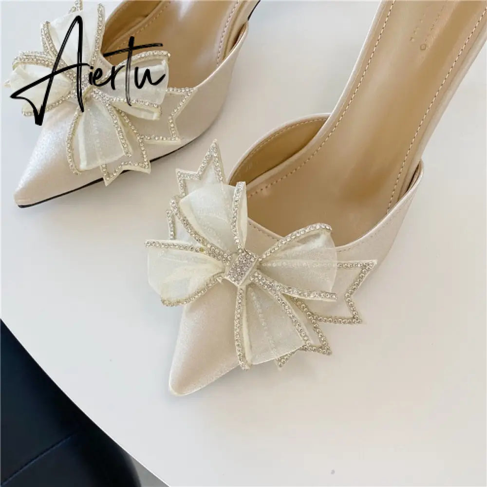 Aiertu Pointy Water Drill Fine Heel Women's Slippers Bun Bow High Heel Muller Shoe Girl Aiertu
