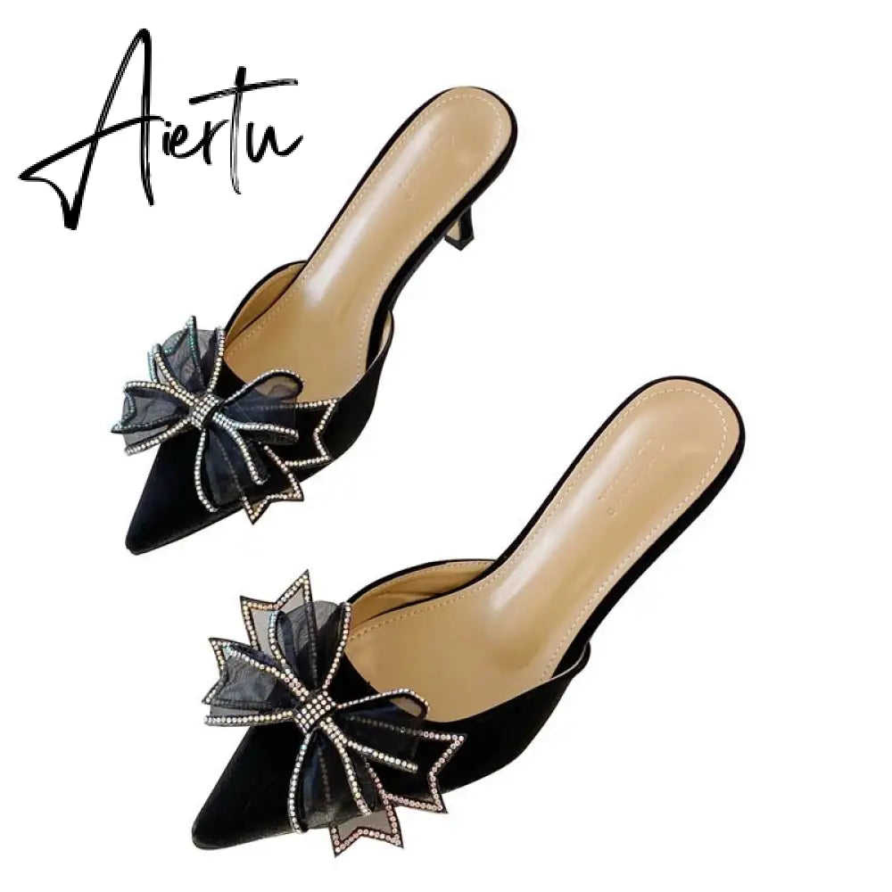Aiertu Pointy Water Drill Fine Heel Women's Slippers Bun Bow High Heel Muller Shoe Girl Aiertu