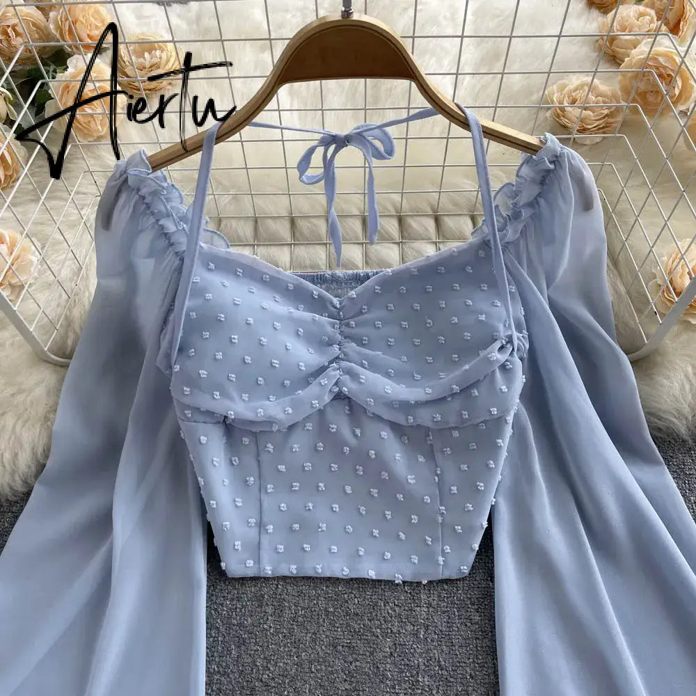 Aiertu Polka Dot Folds Short Blouse Summer Slash Neck Long Sleeve Women Tie Halter Elastic Waist Fashion French Beach Top Aiertu