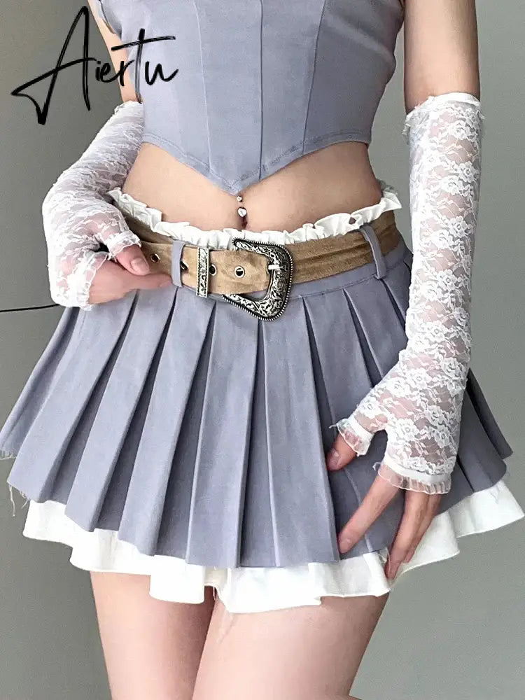 Aiertu Preppy Style Casual A-Line Pleated Skirt Withe Sashes Coquette Style Patchwork Mini Skirts Women  Summer Fashion Aiertu