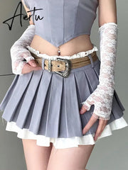 Aiertu Preppy Style Casual A-Line Pleated Skirt Withe Sashes Coquette Style Patchwork Mini Skirts Women  Summer Fashion Aiertu