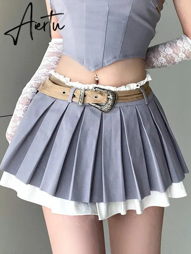 Aiertu Preppy Style Casual A-Line Pleated Skirt Withe Sashes Coquette Style Patchwork Mini Skirts Women  Summer Fashion Aiertu