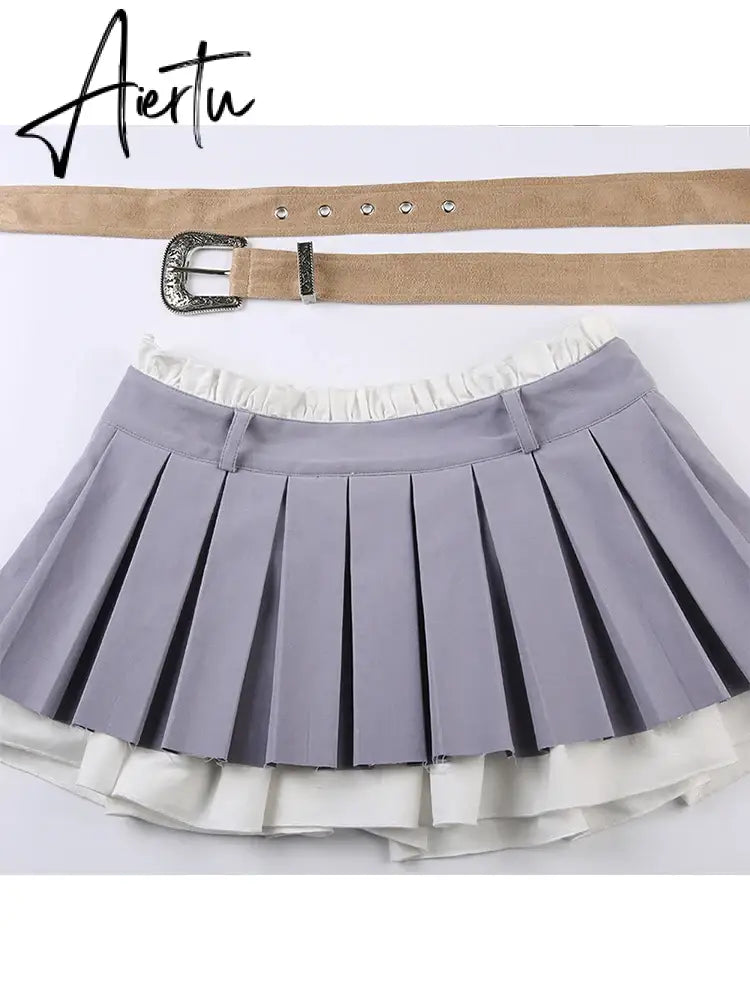 Aiertu Preppy Style Casual A-Line Pleated Skirt Withe Sashes Coquette Style Patchwork Mini Skirts Women  Summer Fashion Aiertu
